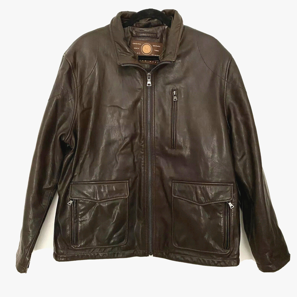Marc NY Leather Jacket Mens Extra‎ Large XL Chocolate Brown Zip Snap Fur Collar